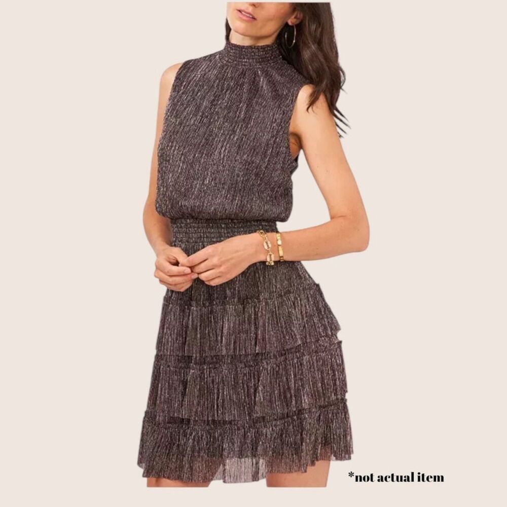 🌟 1 STATE METALLIC TIERED SMOCKED WAIST PUFF SHORT SLEEVE FULLY LINED DRESS XS - Picture 3 of 8